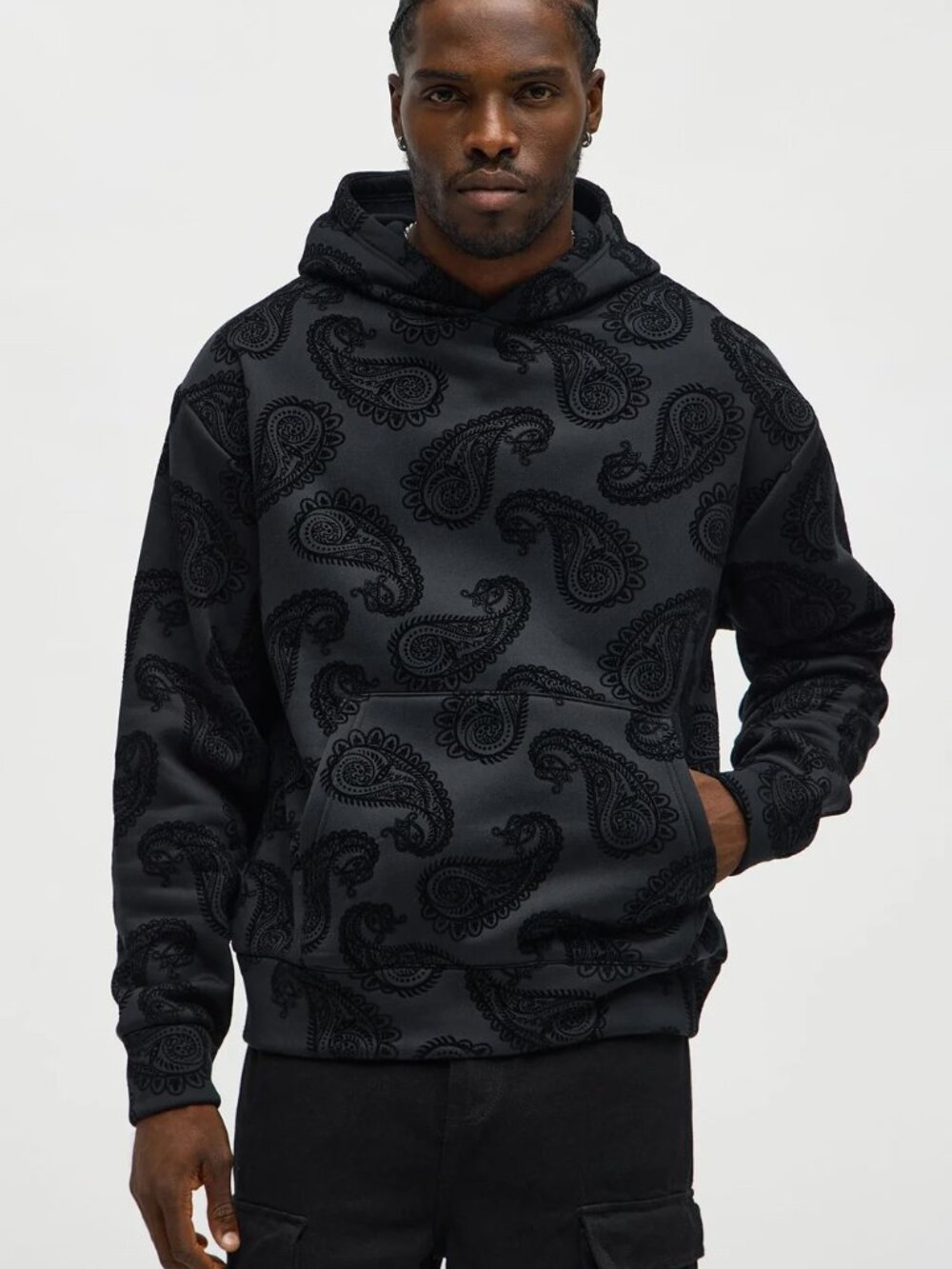NWOT Unique Unisex Black Paisley Velvet Flock Hoodie